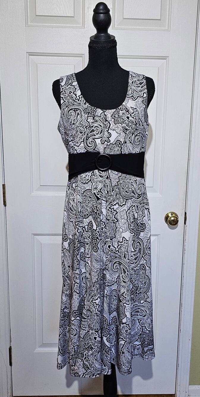 Perceptions New York Size 8 Black White Paisley Belted Midi Dress Sleeveless